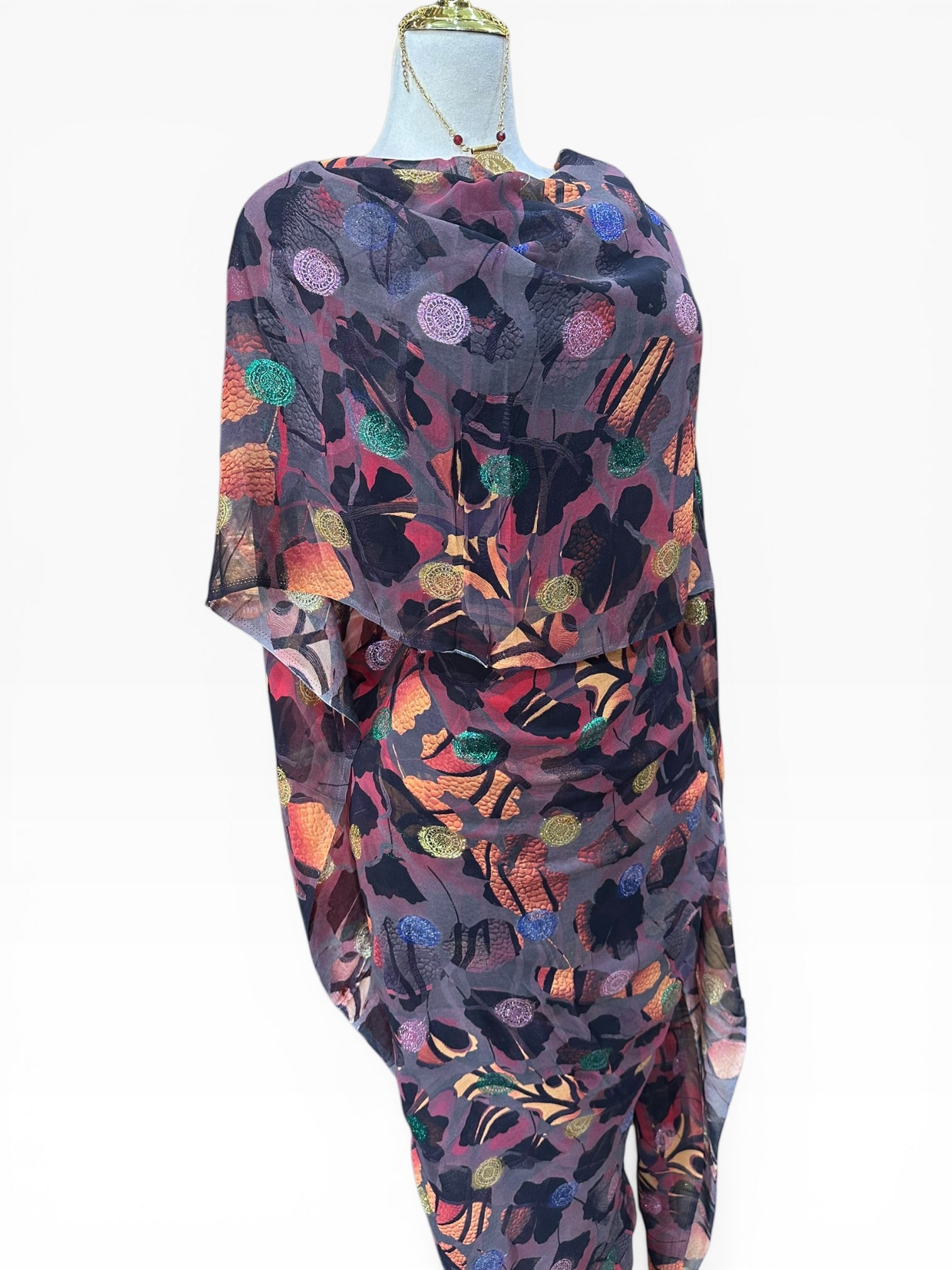 Silk Chiffon with Jacquard - Mosaic (Dark Grey with Pinks)