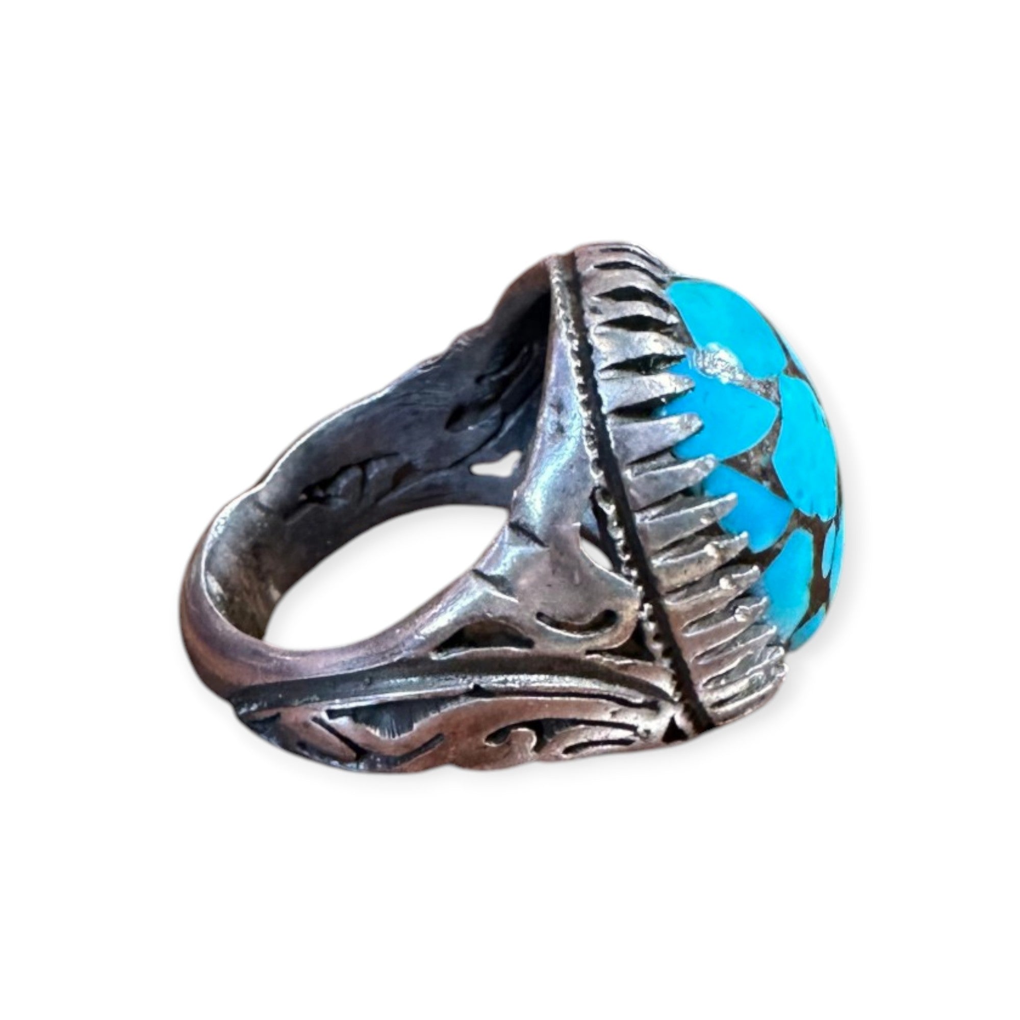 Mens Silver Ring - Natural Turquoise Stone (Size: W 1/2)