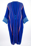 Asiya Cotton Kimono Robe - Crochet Sleeves & Tie (Blue with Pink/Silver Detailing)