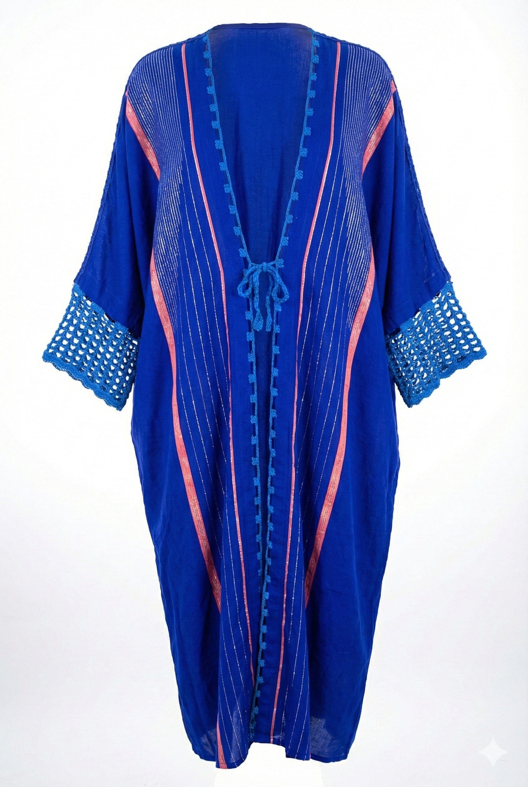 Asiya Cotton Kimono Robe - Crochet Sleeves & Tie (Blue with Pink/Silver Detailing)