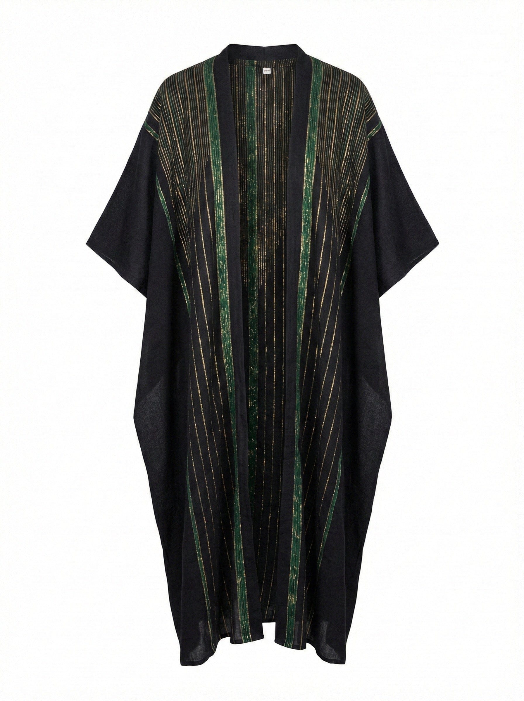 Asiya Cotton Kimono Robe - Open Style (Black with Green/Gold Detailing)