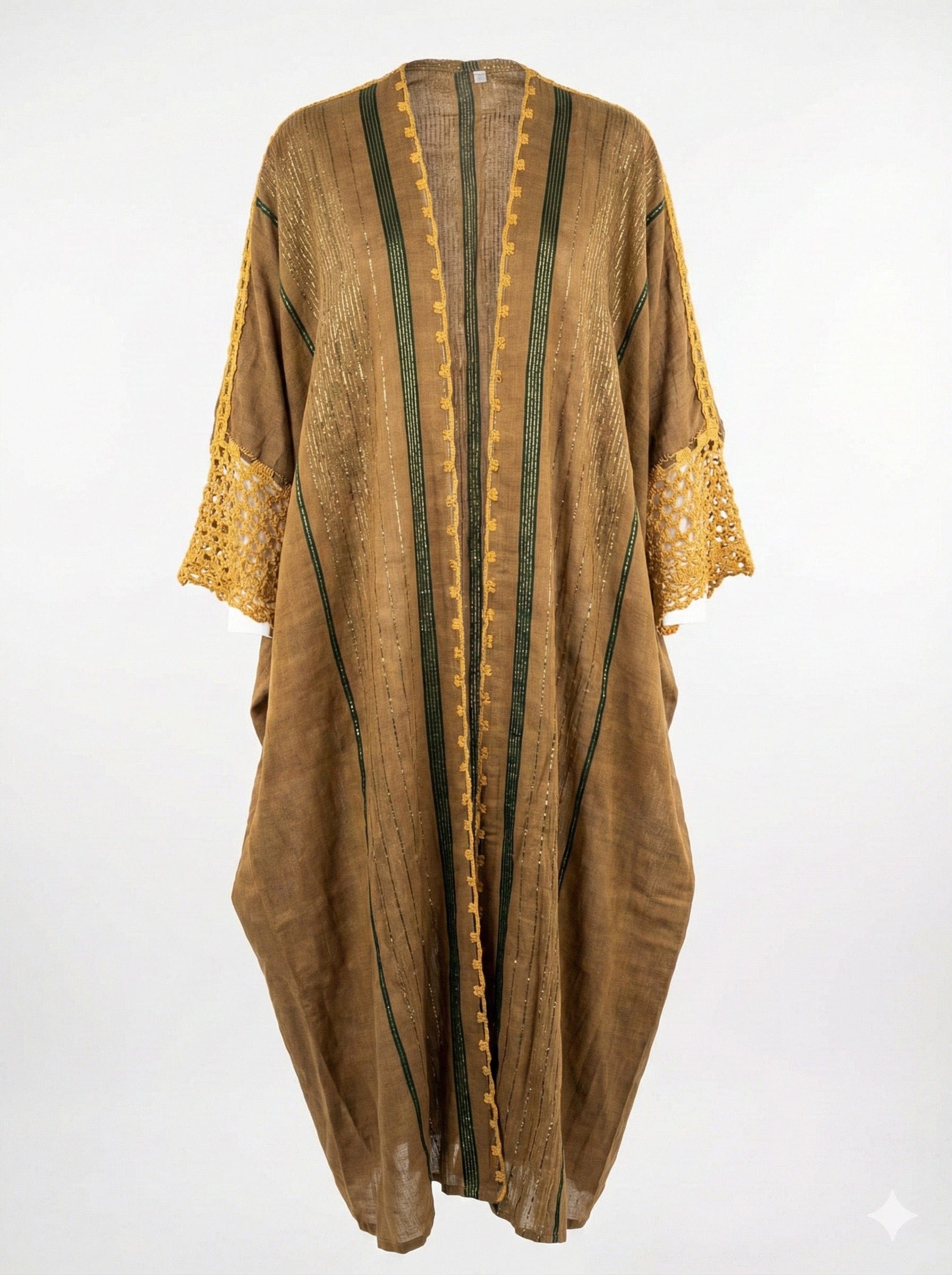 Asiya Cotton Kimono Robe - Crochet Sleeves & Tie (Caramel with Black/Silver Detailing)