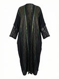 Asiya Cotton Kimono Robe - Crochet Sleeves & Tie (Black with Green/Gold Detailing)