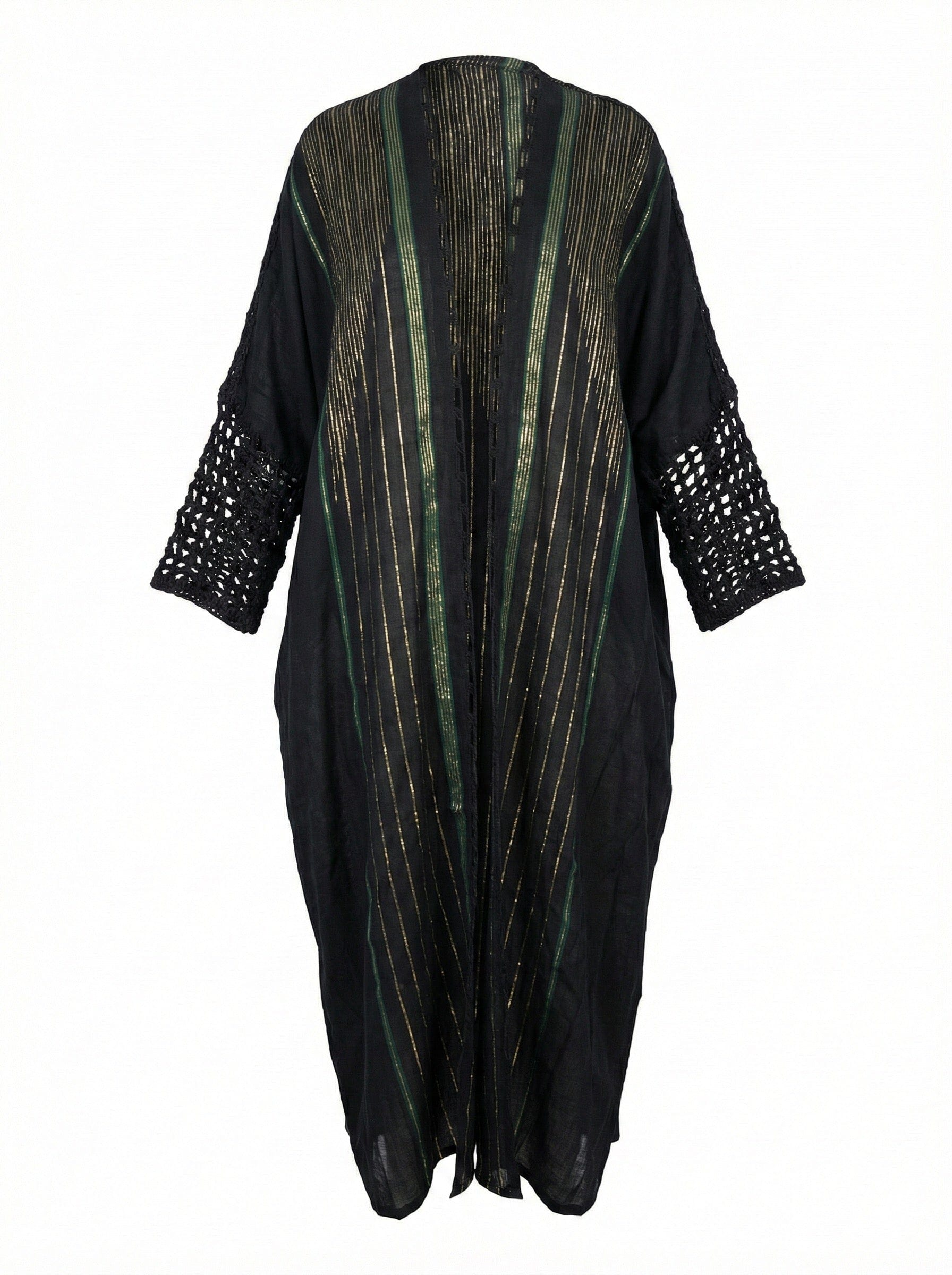 Asiya Cotton Kimono Robe - Crochet Sleeves & Tie (Black with Green/Gold Detailing)