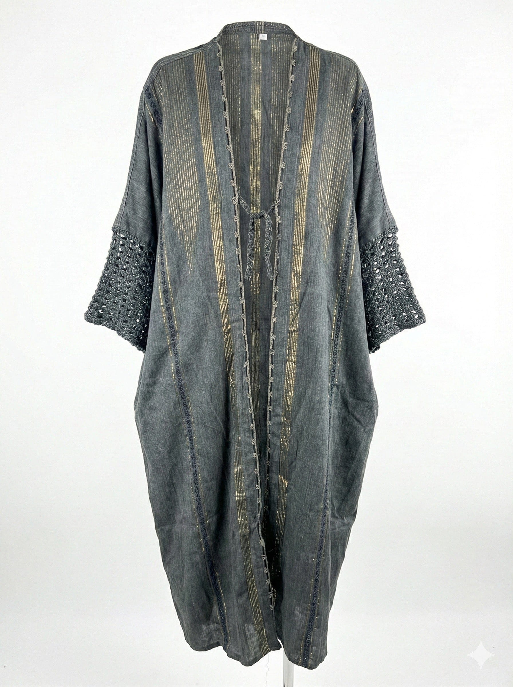 Asiya Cotton Kimono Robe - Crochet Sleeves & Tie (Grey with Gold Detailing)