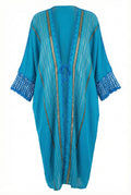 Asiya Cotton Kimono Robe - Crochet Sleeves & Tie (Blue with Black/Gold Detailing)