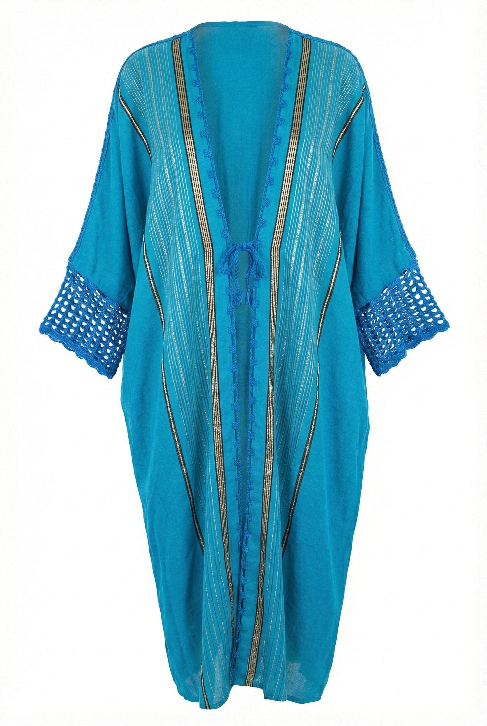 Asiya Cotton Kimono Robe - Crochet Sleeves & Tie (Blue with Black/Gold Detailing)