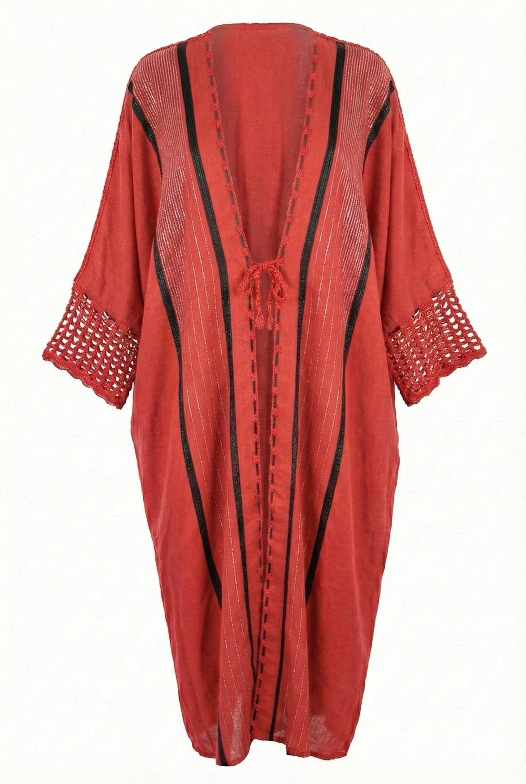Asiya Cotton Kimono Robe - Crochet Sleeves & Tie (Coral with Black/Gold Detailing)