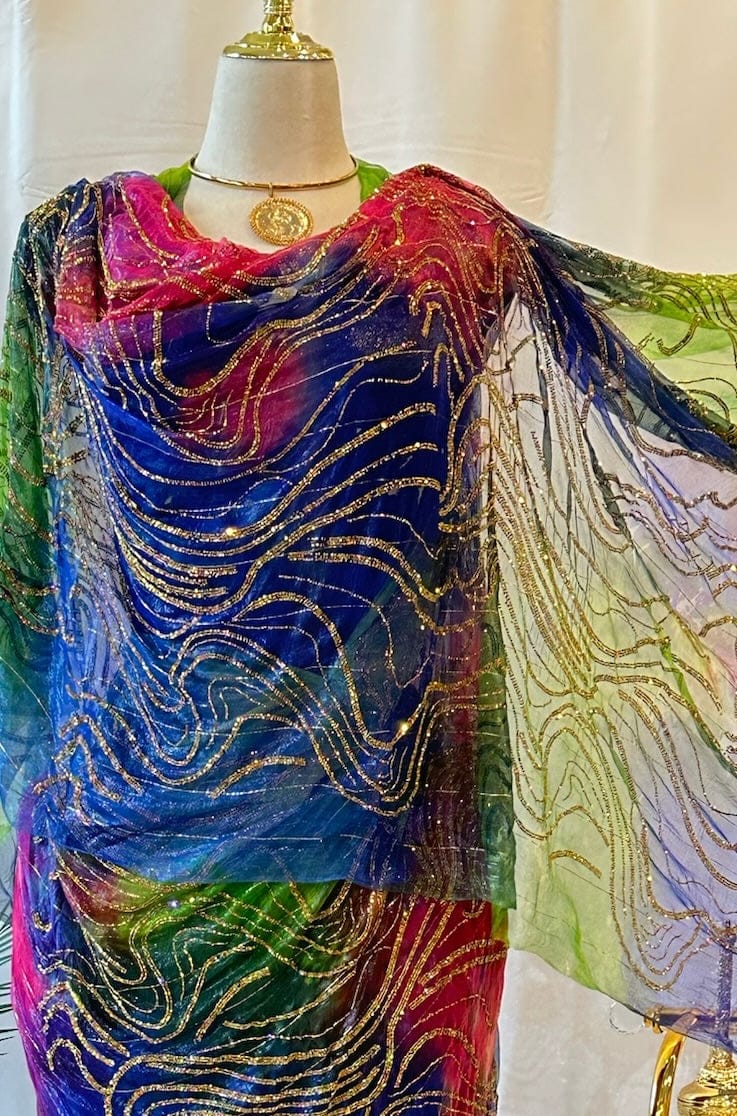 Crystal French Hand-Dyed Chiffon - Blue/Pink/Green