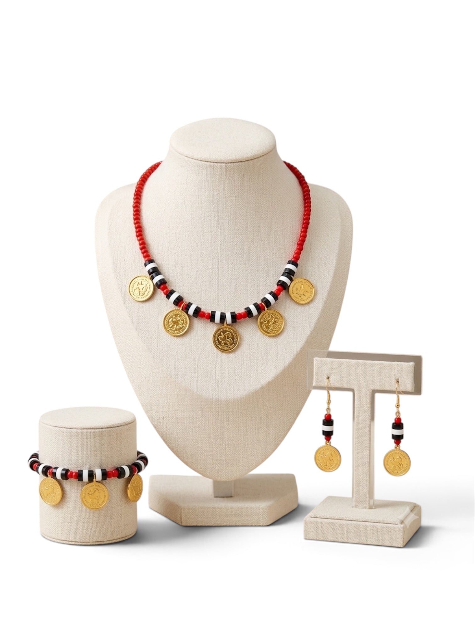 Traditional Full Set - Beaded Necklace with Coin Drop Earrings
