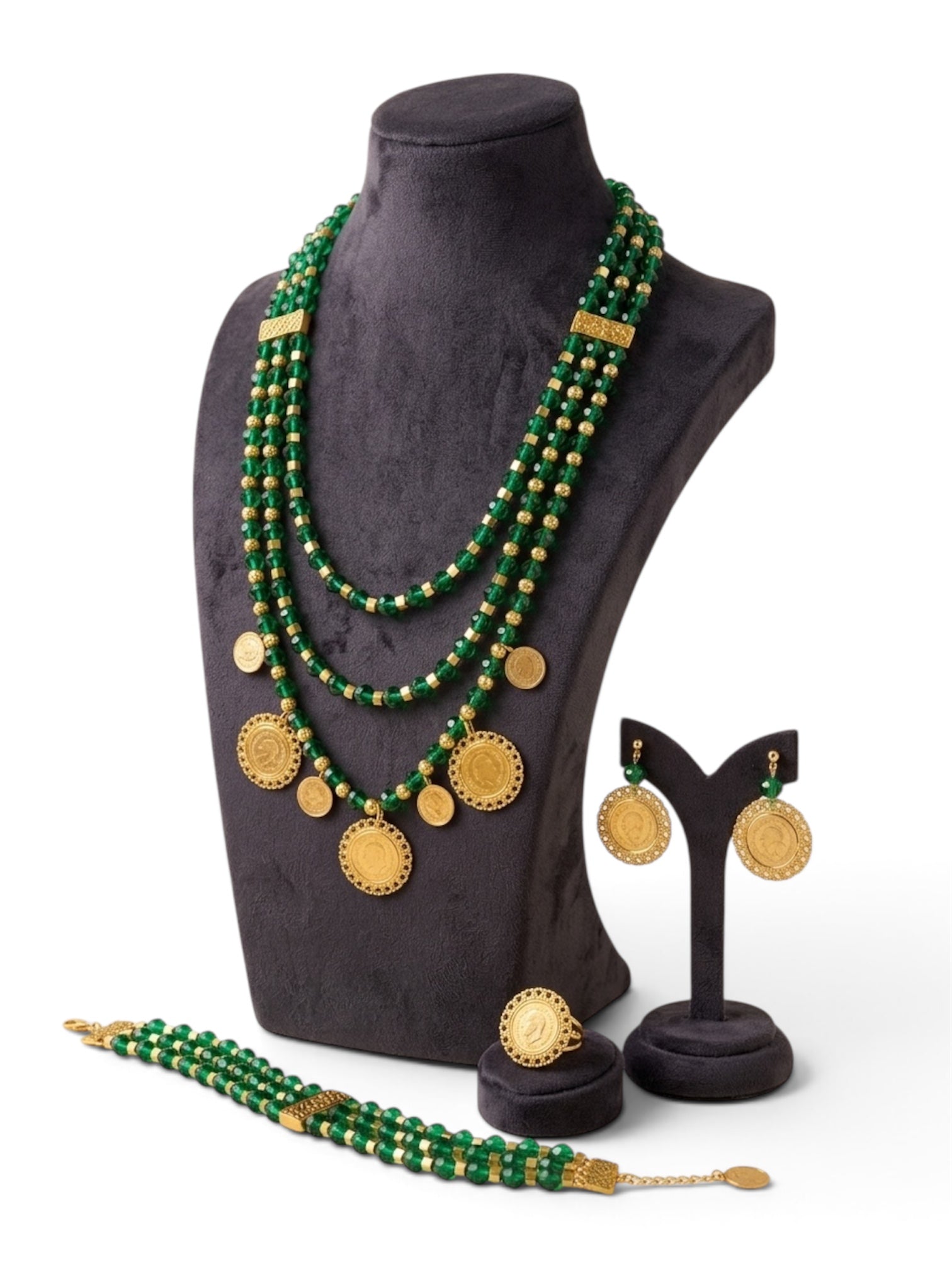 Traditional Full Set - Clear Green Layered Beaded Coin Necklace
