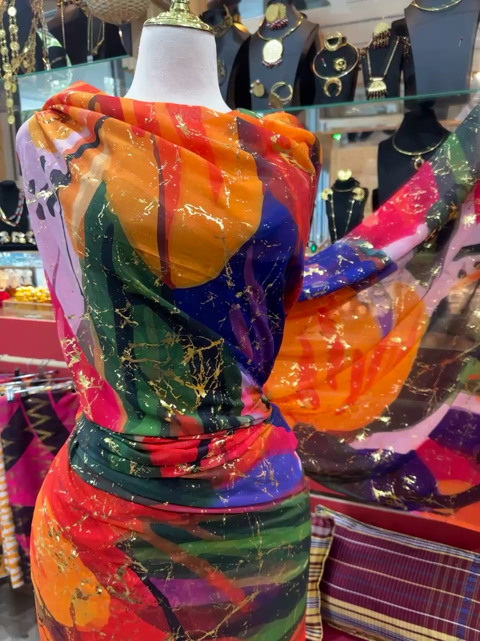 Voile Gold Foil Toub - Multicolour Flowers