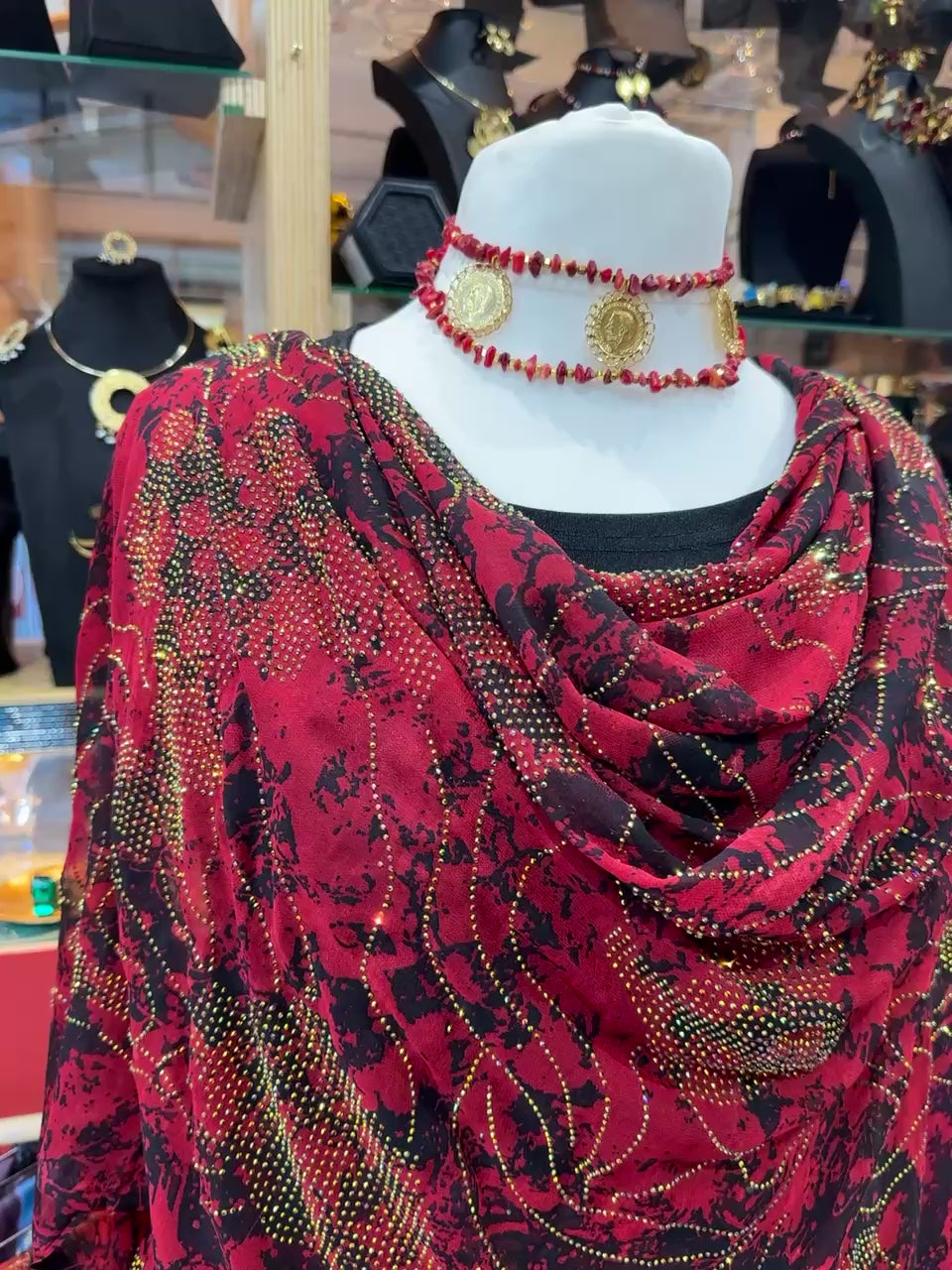 Crystal Chiffon/Silk Toub - Red and Black Abstract with Crystal Sequins